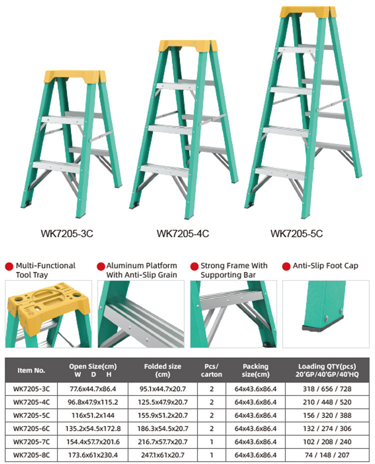 Cheap price fiberglass a frame ladder industrial heavy duty double side a type fiberglass step ladder