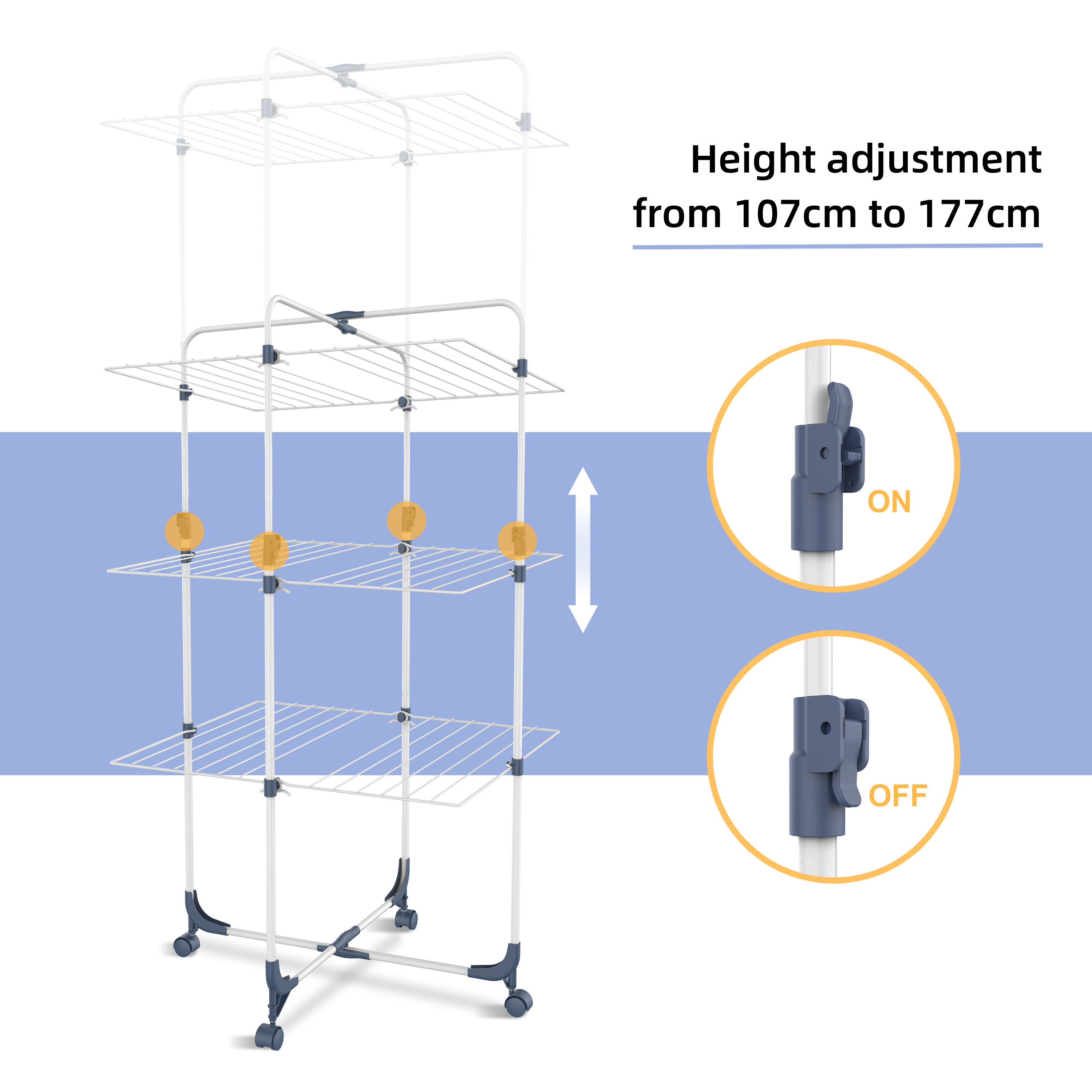 Wireking Height Adjustable Clothes House 3 Tier Clothes Airer Tower Laundry Drying Stand 25m Clothes Drying Rack