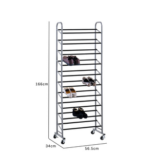 High Quality modern design 10 tier shelves wicker shoe racks metal thin high heel shoes rack with wheels