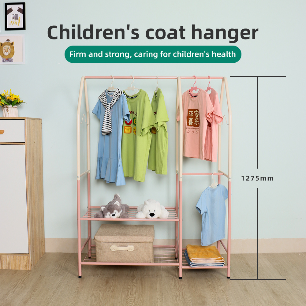 Pink Art Deco Children Garment Rack Standing Coat Hanger Cute Kids Coat Rack/Hangers/Stands With 2 Tier Storage Shelf