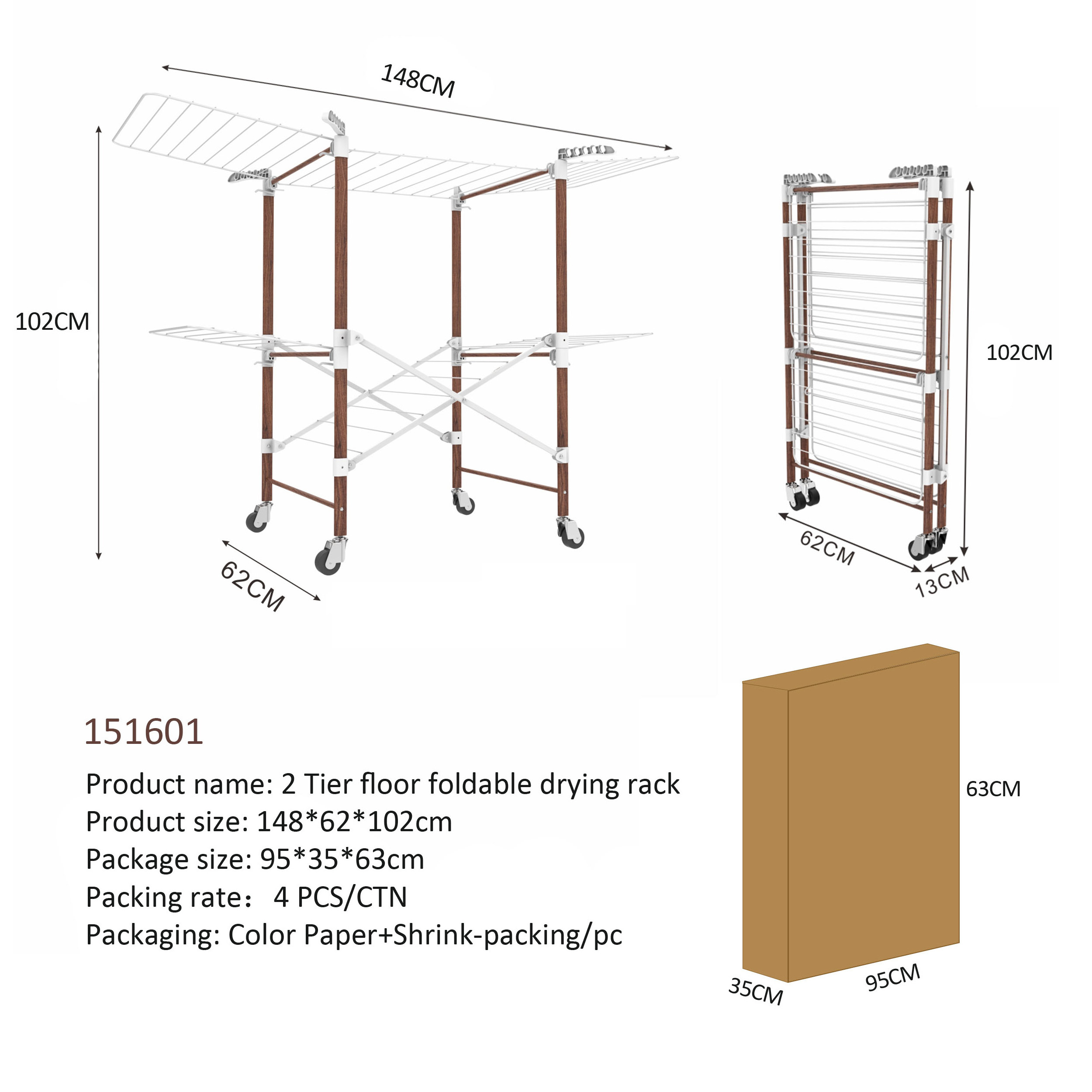 Luxury 24m Wood Clothes Hanger Rack Folding Drying Clothes  Two Layer Floor Dryer Horse With Wheel