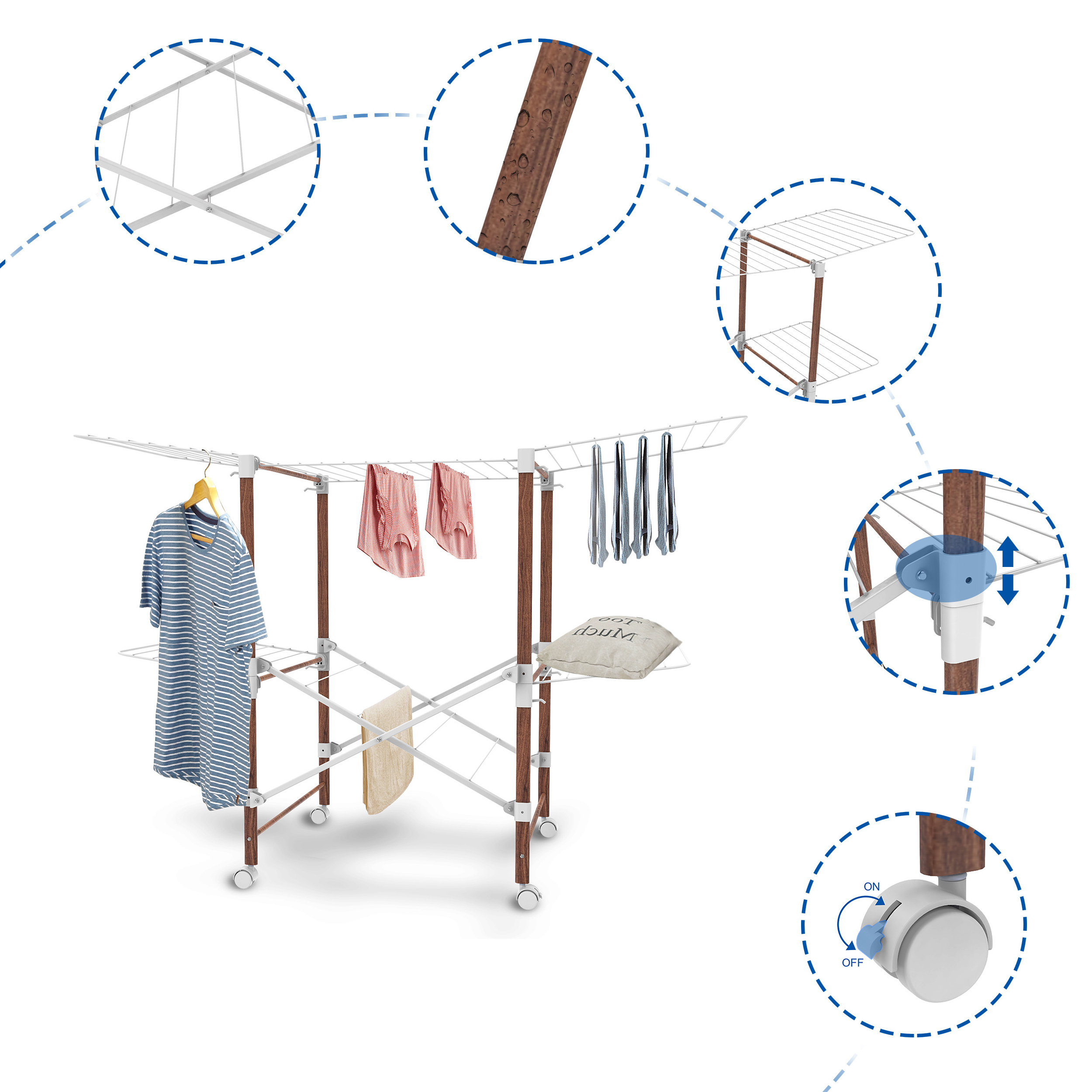 Luxury 24m Wood Clothes Hanger Rack Folding Drying Clothes  Two Layer Floor Dryer Horse With Wheel