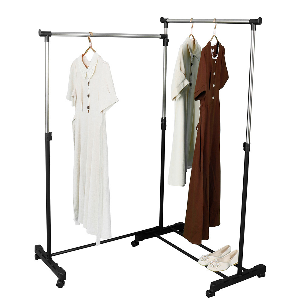 Expandable Double Rod Portable Clothing Hanging Garment Stand Height Adjustable Display Rack Manufacturers With Wheels