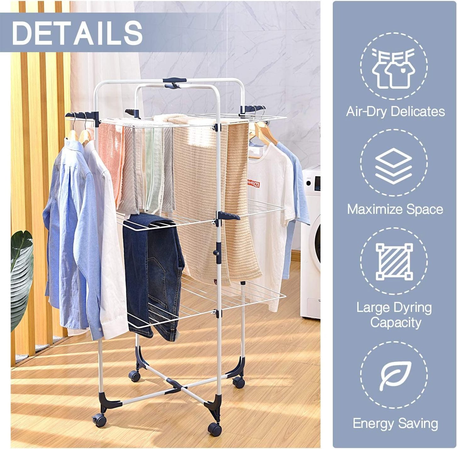 Wireking 3 Tier Foldable Adjustable clothes stand 360 rotation with 4 hooks laundry dry rack cloth drying rack