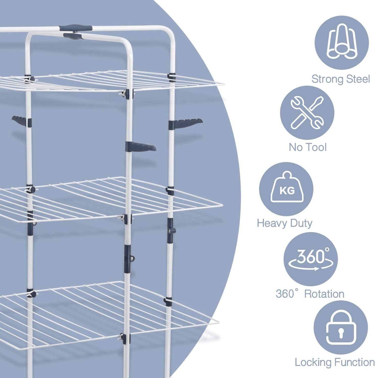 Wireking 3 Tier Foldable Adjustable clothes stand 360 rotation with 4 hooks laundry dry rack cloth drying rack