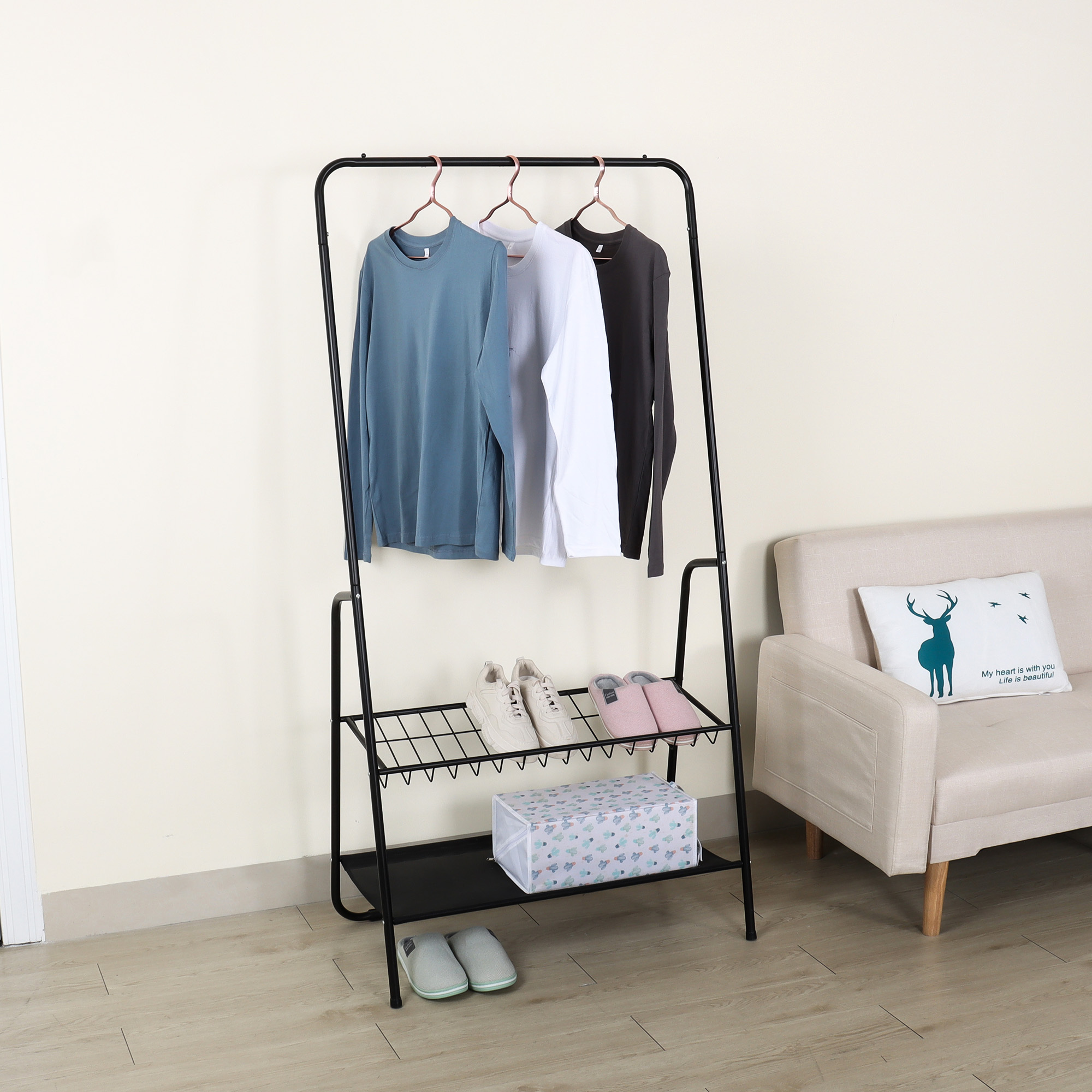 Modern Heavy Duty Garment Rack Rail Stand 2 Tier Storage Shelves Floor Coat Rack Multi Functional Clothes Rack Hanger