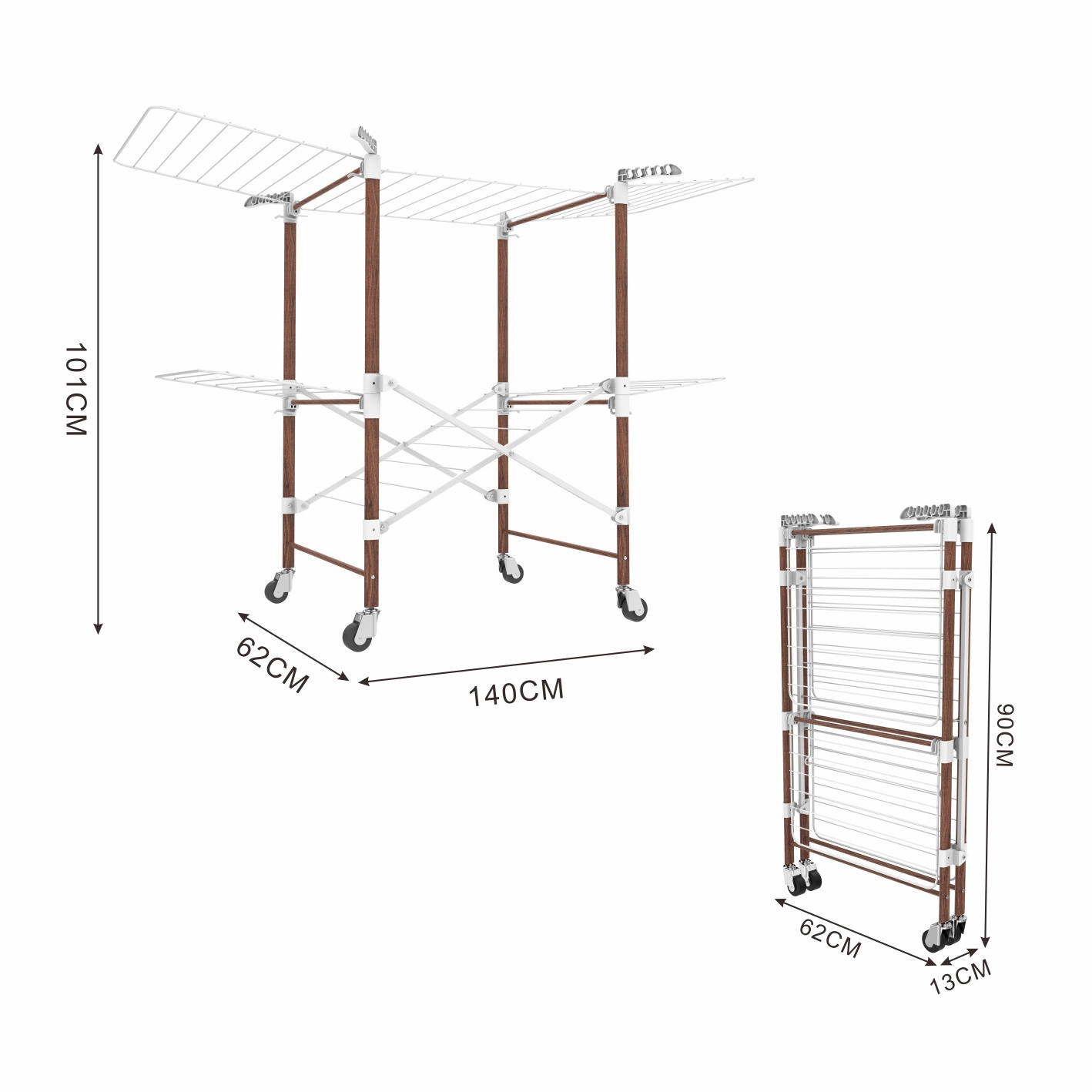 Luxury 24m Wood Clothes Hanger Rack Folding Drying Clothes  Two Layer Floor Dryer Horse With Wheel