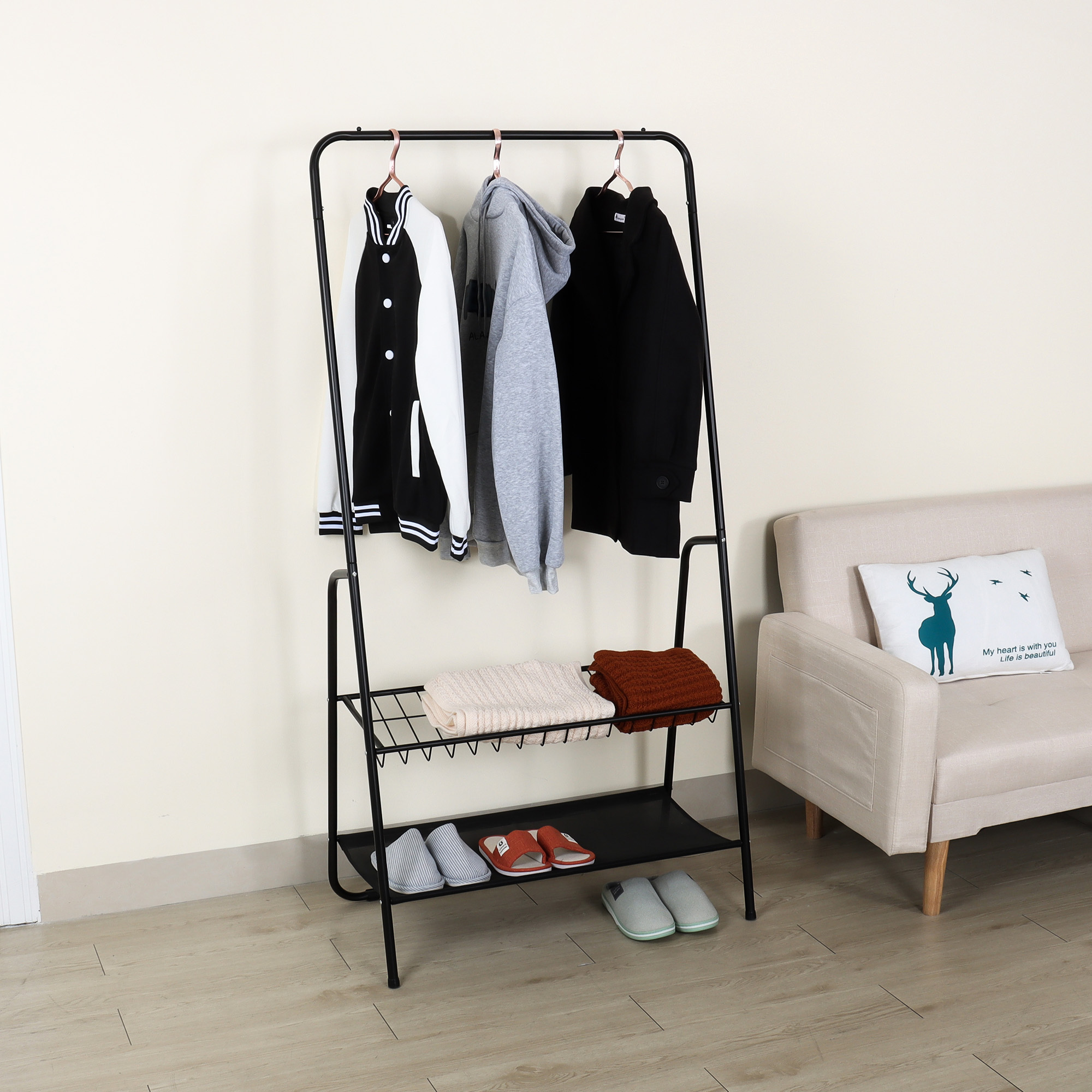 Modern Heavy Duty Garment Rack Rail Stand 2 Tier Storage Shelves Floor Coat Rack Multi Functional Clothes Rack Hanger