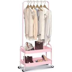 Rolling Storage Cart Pink Coat Rack 2-in 1 Garment Rack Clothing Rack with 2 Tier Metal Basket for Small Place Entryway