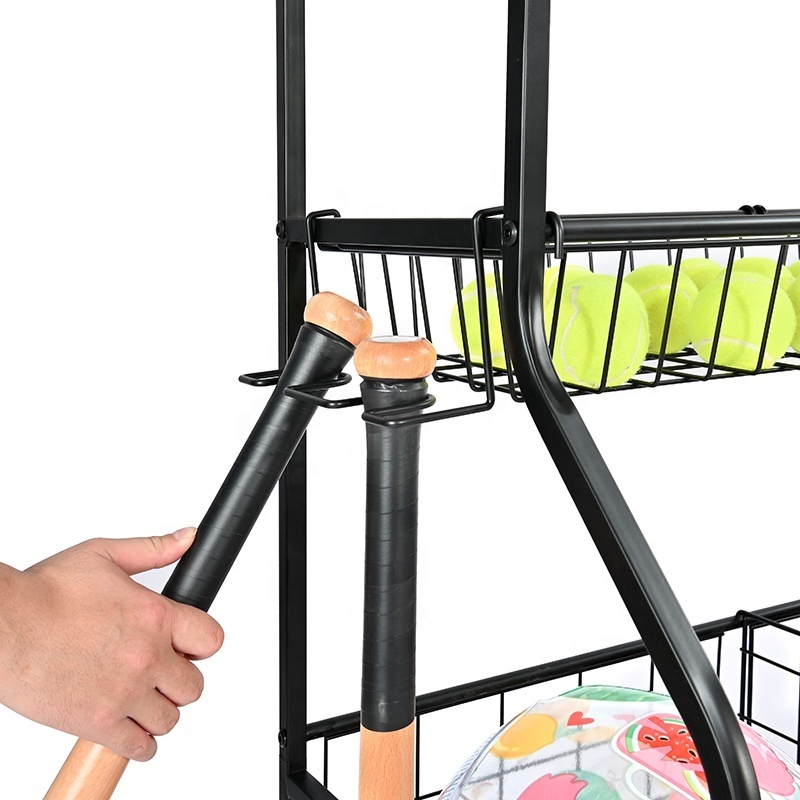 Garage Sports Equipment Organizer for Ball Storage Ball Sports Storage Cart with Baskets and Hooks