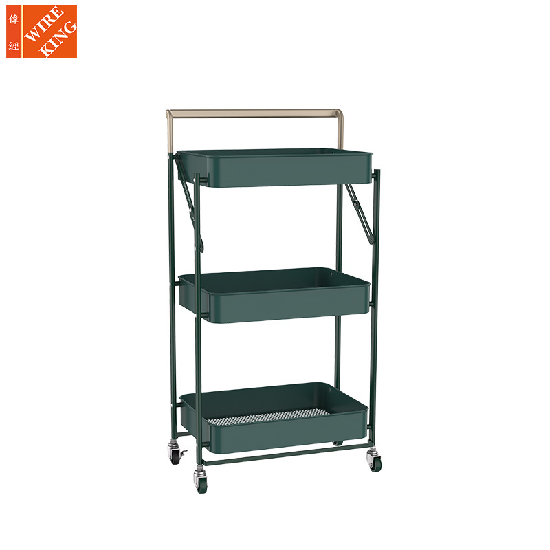 Most Popular 3 Tier Folding Service Rolling Storage Utility Cart Locking Wheels Utility Trolley Nightstand In Bedroom