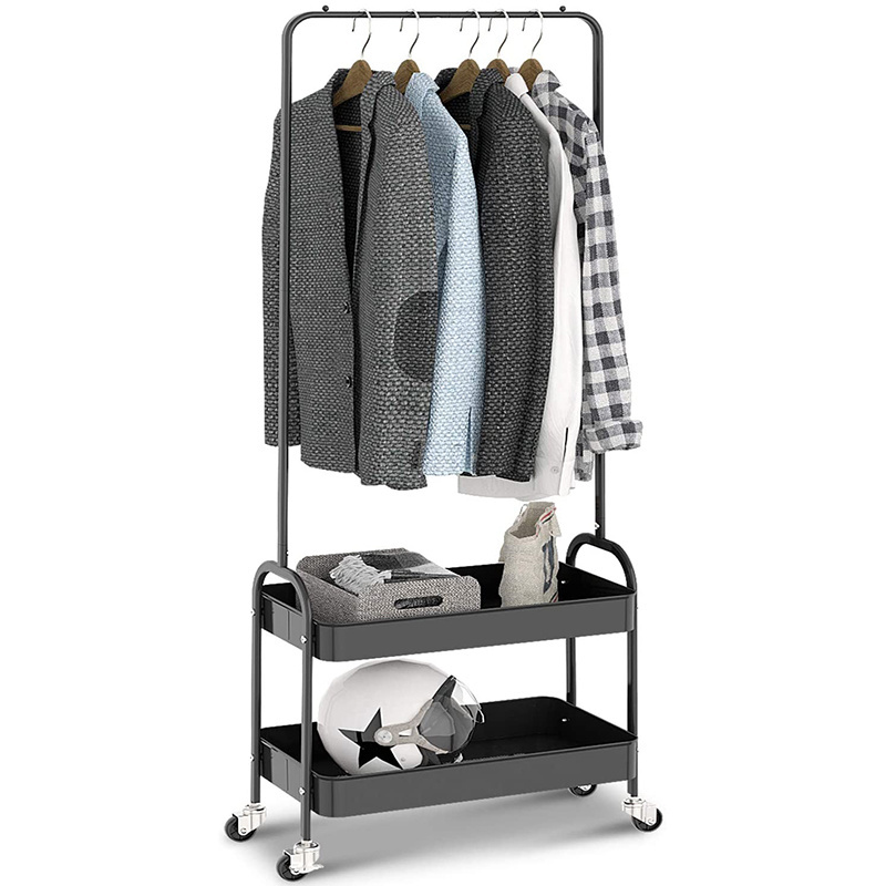 New Design 2 in 1 Garment Rack Rolling Storage Cart Coat Rack Clothing Rack with 2 Tier Metal Basket