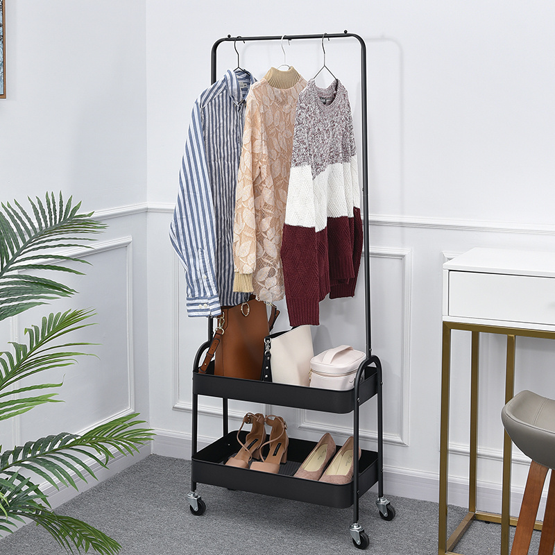 New Design 2 in 1 Garment Rack Rolling Storage Cart Coat Rack Clothing Rack with 2 Tier Metal Basket