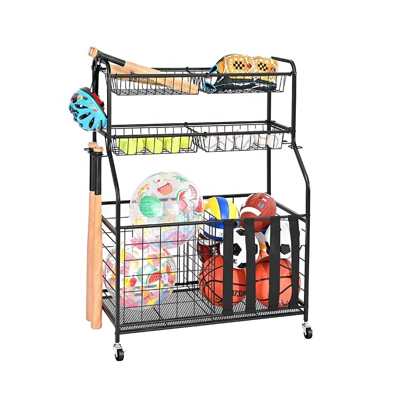 Garage Sports Equipment Organizer for Ball Storage Ball Sports Storage Cart with Baskets and Hooks