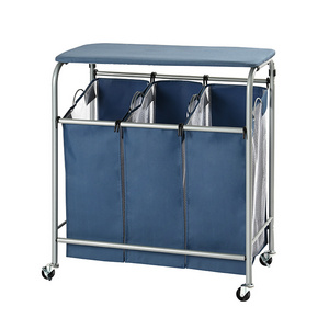 3 Bag Laundry Sorter Cart with Ironing Board Laundry Hamper Sorter with Heavy Duty Rolling Wheels for Clothes Storage