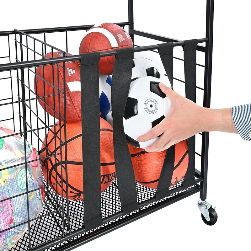 Garage Sports Equipment Organizer for Ball Storage Ball Sports Storage Cart with Baskets and Hooks