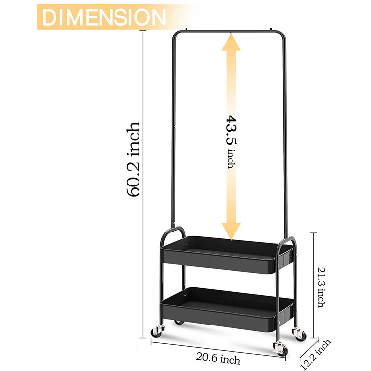 New Design 2 in 1 Garment Rack Rolling Storage Cart Coat Rack Clothing Rack with 2 Tier Metal Basket