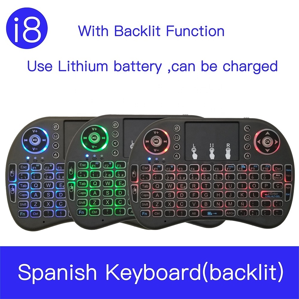 i8 Spanish  RGB3-color Backlit 2.4G Mini Wireless Keyboard with TouchPad Air Mouse  for Smart TV Android Box PC