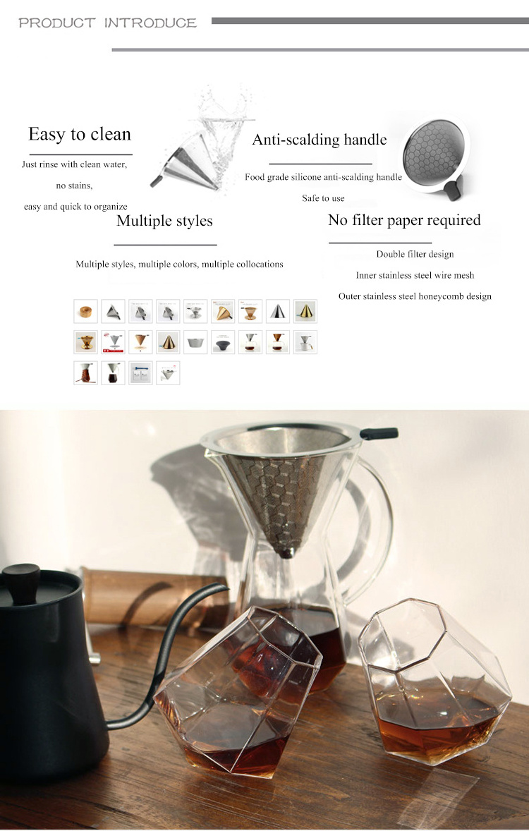 Pour Over Coffee Dripper Stainless Steel Coffee Filter Reusable Pour Over Cone Coffee Dripper with Removable Cup