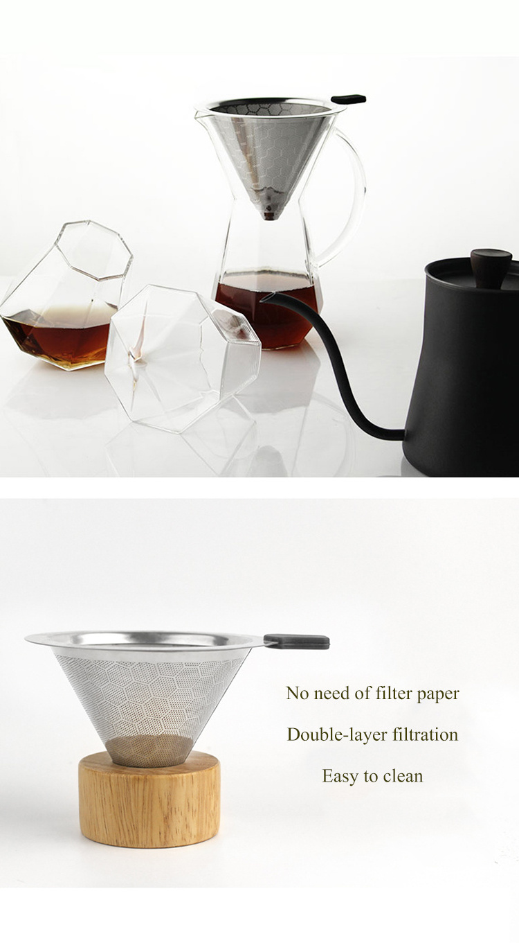 Pour Over Coffee Dripper Stainless Steel Coffee Filter Reusable Pour Over Cone Coffee Dripper with Removable Cup