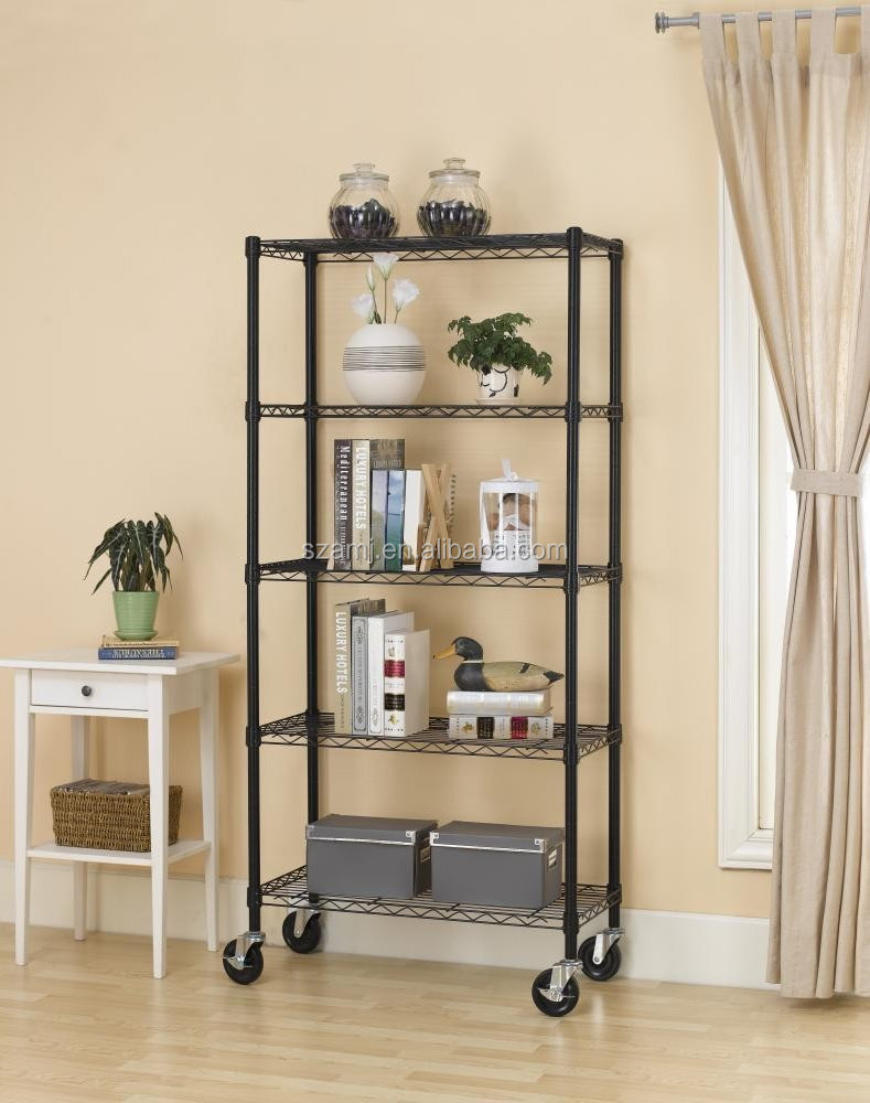 5 Shelf Black Steel Wire Shelving 30 by 14 by 60-Inch Storage Rack W/Wheels