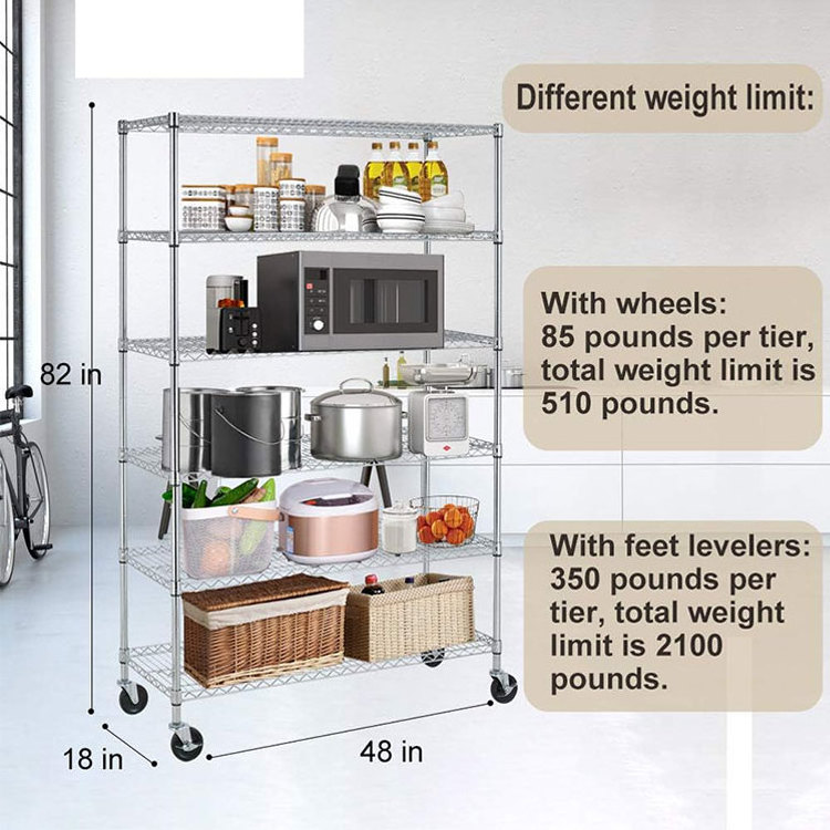 High Quality Movable 6 Tiers metal Garage Wire Shelf Shelving Unit With Wheels