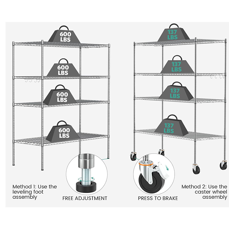 Hot Selling Steel 4 Tiers Nsf Approval Metal Chrome Wire Shelf Shelving With Wheels