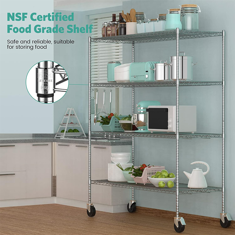 Hot Selling Steel 4 Tiers Nsf Approval Metal Chrome Wire Shelf Shelving With Wheels