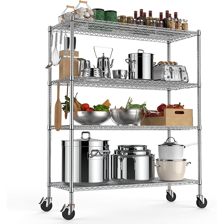 Hot Selling Steel 4 Tiers Nsf Approval Metal Chrome Wire Shelf Shelving With Wheels