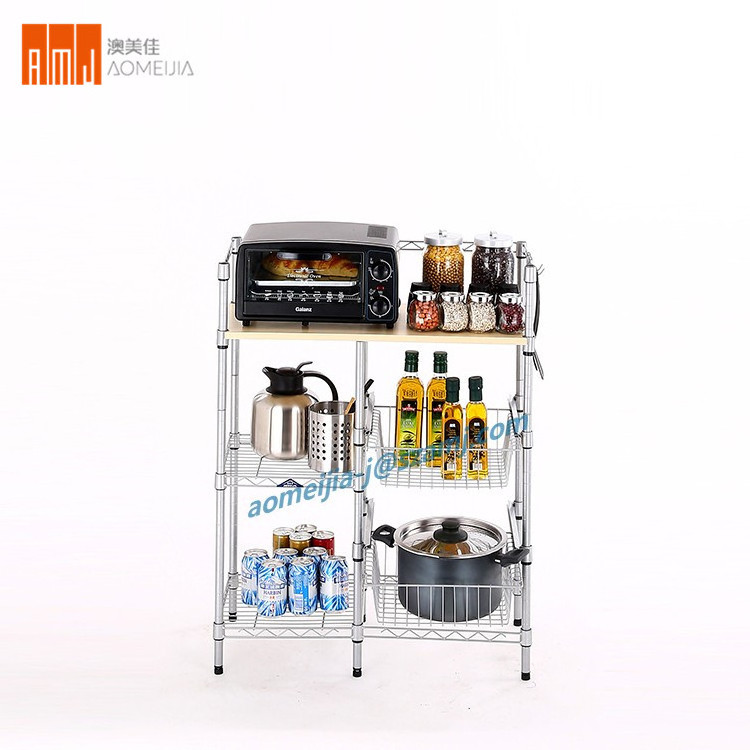 Multi-Tier Wire Kitchen food storahe cabinet  Cart  Microwave Stand with woof board storage holders wire cage shelf for home