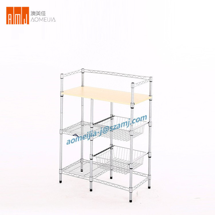 Multi-Tier Wire Kitchen food storahe cabinet  Cart  Microwave Stand with woof board storage holders wire cage shelf for home