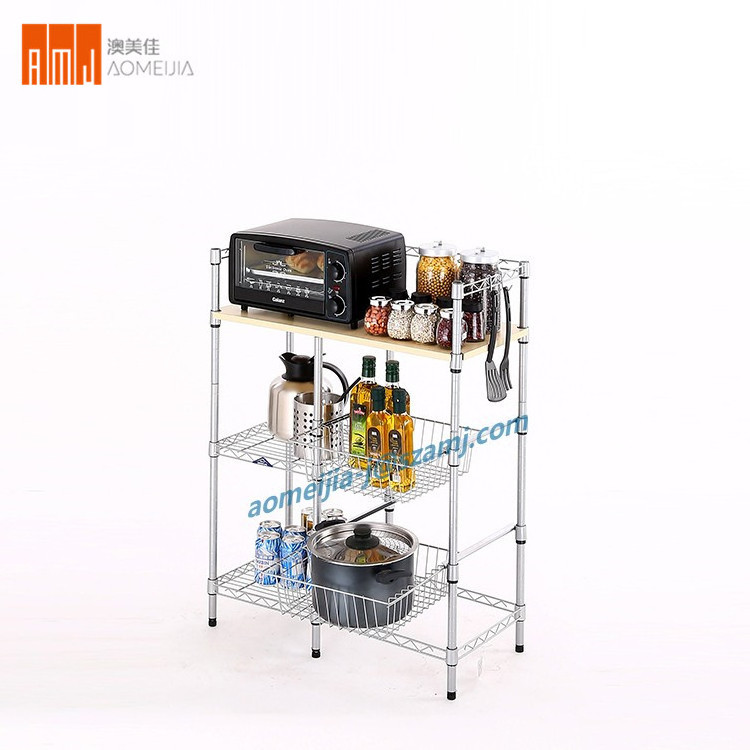 Multi-Tier Wire Kitchen food storahe cabinet  Cart  Microwave Stand with woof board storage holders wire cage shelf for home