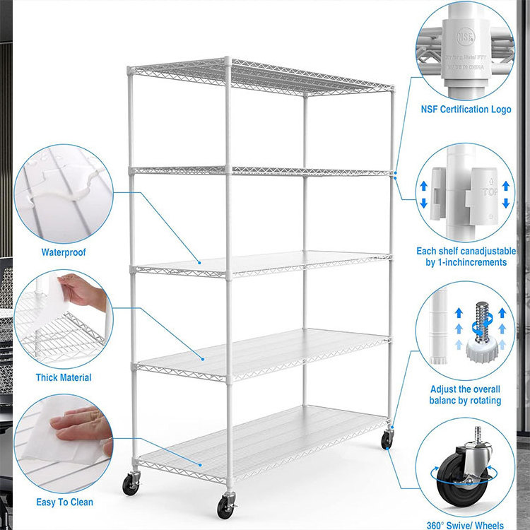 Heavy Duty 18 X 48 X 72 Inch 5 Tier 800lbs NSF Approval Metal Chrome Wire Shelf Storage Shelving Garage Rack