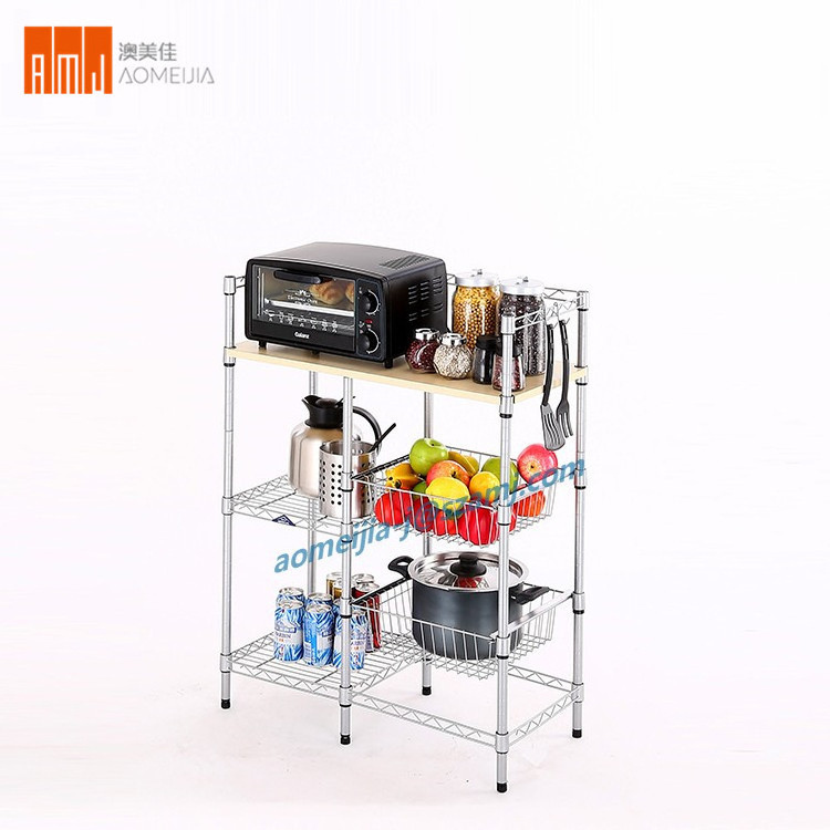 Multi-Tier Wire Kitchen food storahe cabinet  Cart  Microwave Stand with woof board storage holders wire cage shelf for home