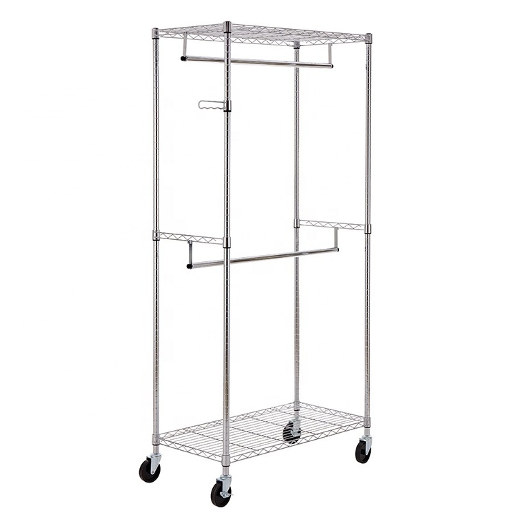 Commercial Grade Clothing Garment Racks Heavy Duty Double Rails Adjustable Collapsible Rolling Clothes Rack, Chrome