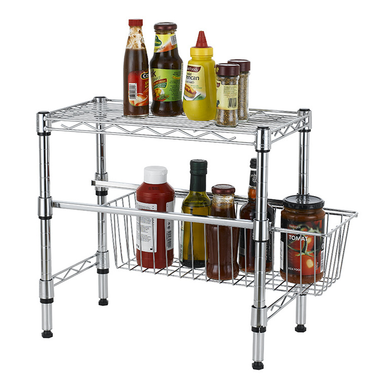 Adjustable  Kitchen Organizer Pull Out  Cabinet Storage holders   2 Tier  Kitchen rack wire shelving