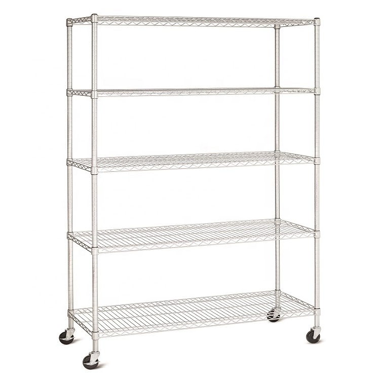 Movable wire rack 5-Tier Shelf Adjustable Steel Wire Shelving heavy duty wire shelving with wheels