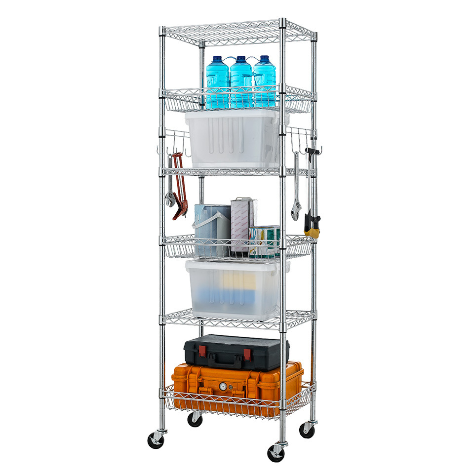 Wire Display Racks  6 Tier Metal Storage Shelves Chrome Wire Shelving Unit Durable Heavy Duty Wire Shelf with Baskets