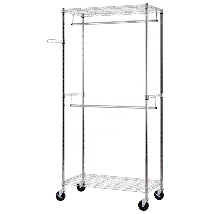 Commercial Grade Clothing Garment Racks Heavy Duty Double Rails Adjustable Collapsible Rolling Clothes Rack, Chrome