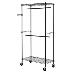 2 Compartment Laundry Sorter Hamper Metal Clothes Hanging Garment Rack Rolling Laundry Cart with Double Rod