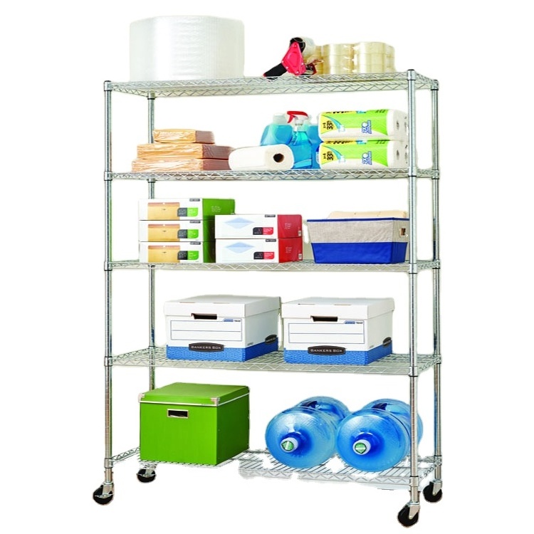 Heavy Duty 5 Tiers Powder Coated Chrome Metal Storage Wire Shelf NSF Approval Wire Rack Shelving