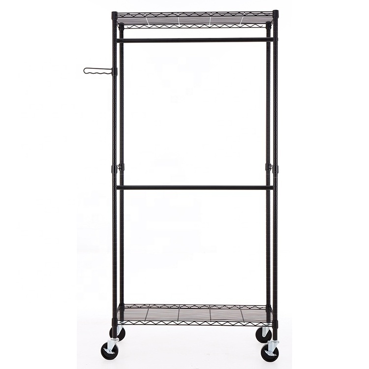 2 Compartment Laundry Sorter Hamper Metal Clothes Hanging Garment Rack Rolling Laundry Cart with Double Rod