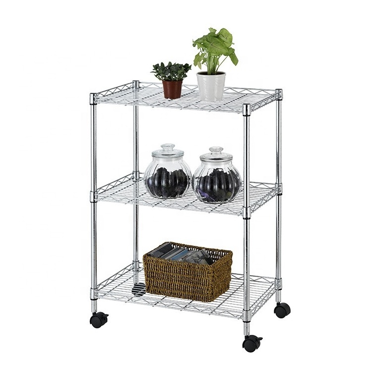 Cheap mobile portable mini 3 tier chrome metal wire shelving for home