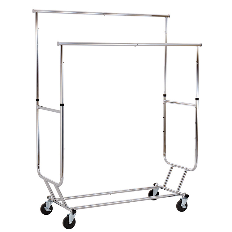 Extendable Double Rod Portable Clothes Hanging Garment Rack With 4 Wheels