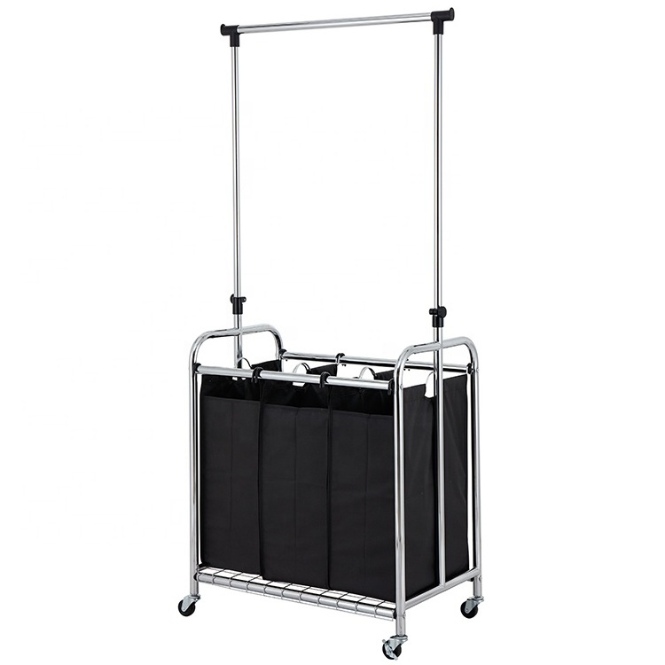 Rolling Laundry Cart Bag Sorter Hanging Bar Wheels Hamper Cleaning Storage Laundry 3 sorters