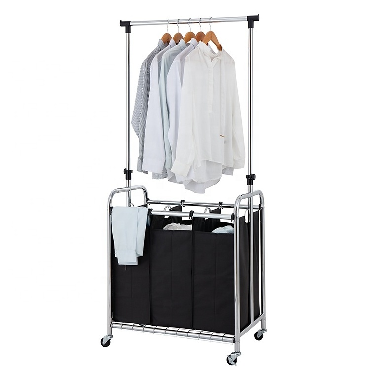 Rolling Laundry Cart Bag Sorter Hanging Bar Wheels Hamper Cleaning Storage Laundry 3 sorters