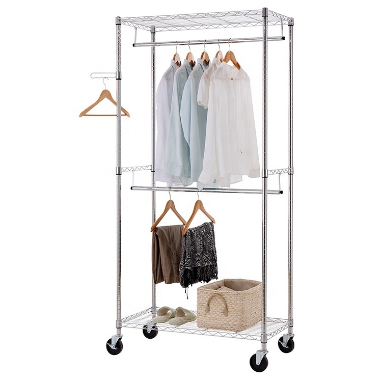 Commercial Grade Clothing Garment Racks Heavy Duty Double Rails Adjustable Collapsible Rolling Clothes Rack, Chrome