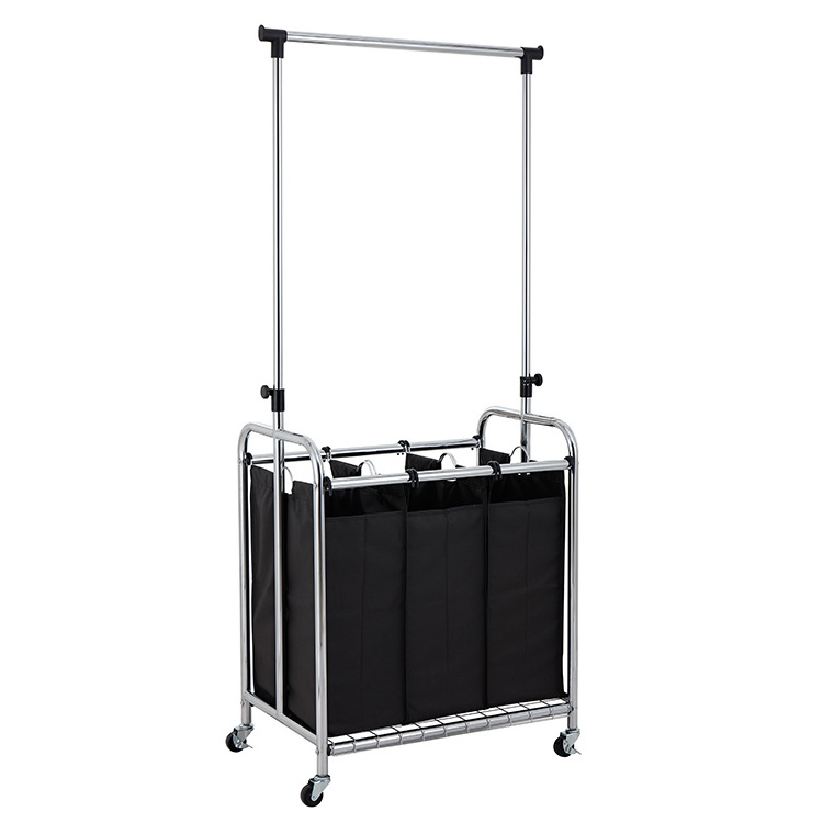 Clothing Garment Rack With 3 Bag Laundry Sorter Cart Washing Clothes Storage