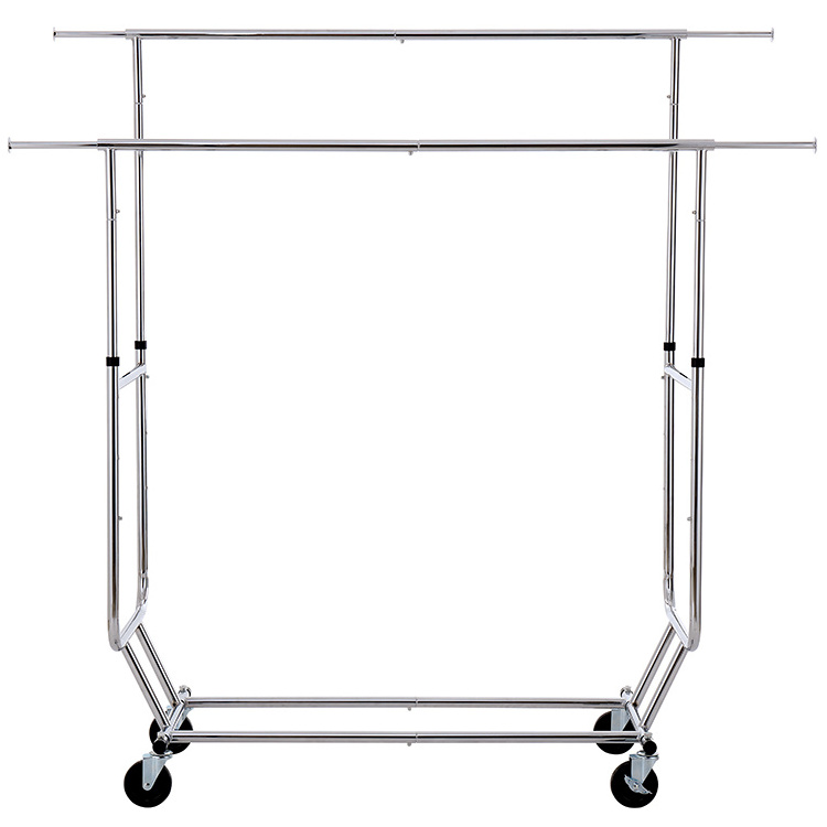 Extendable Double Rod Portable Clothes Hanging Garment Rack With 4 Wheels