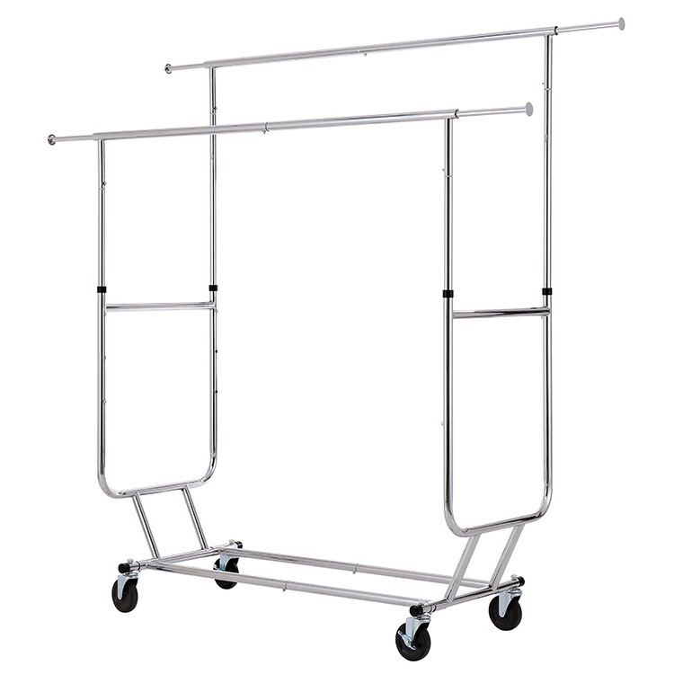 Extendable Double Rod Portable Clothes Hanging Garment Rack With 4 Wheels